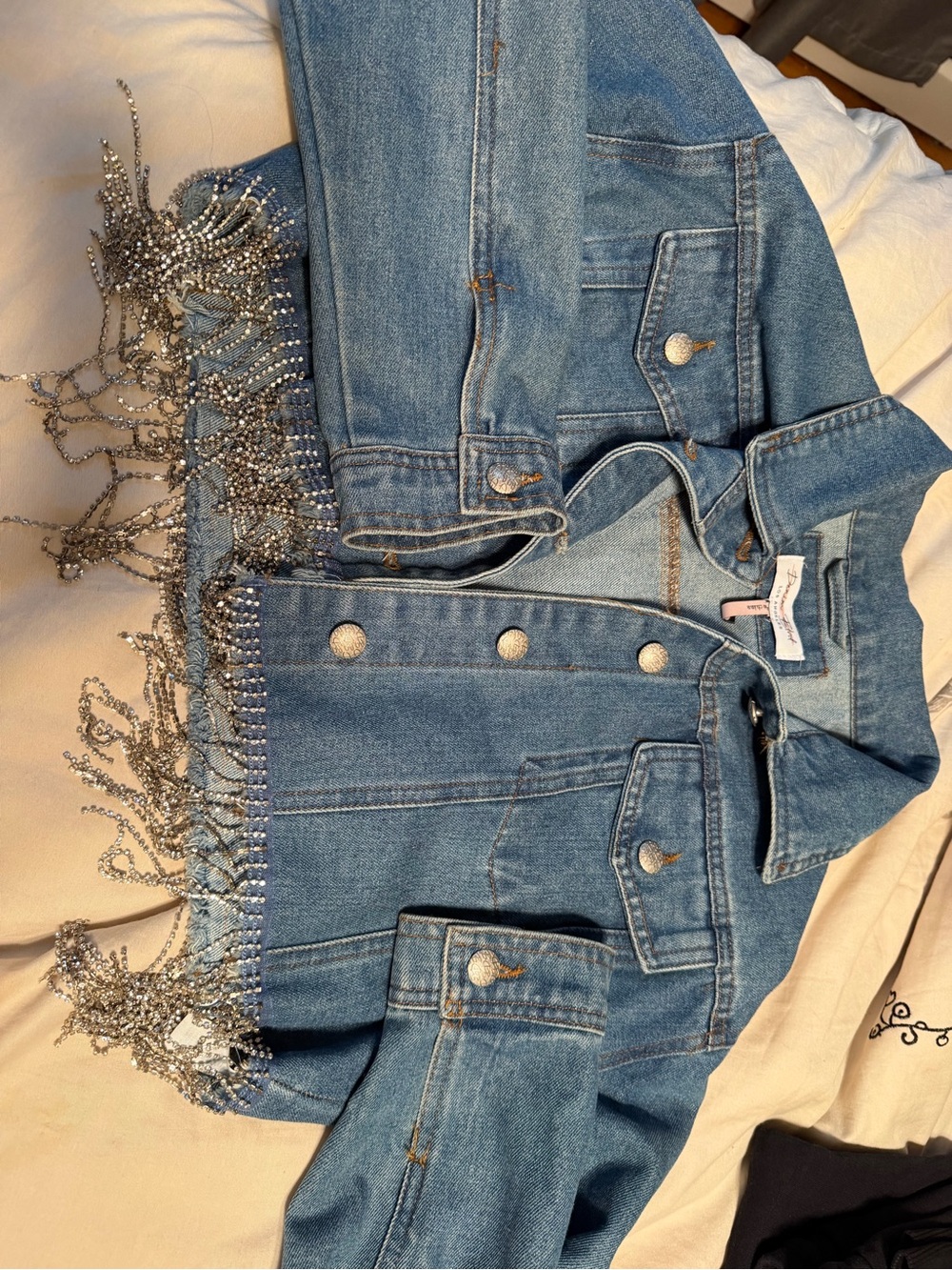 Women’s Blue Denim Jacket with Fringe Crystal Trim